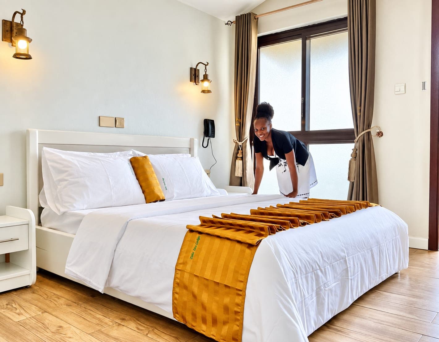 A bedroom dressed in white linen and a gold runner, with a staff member beside the bed