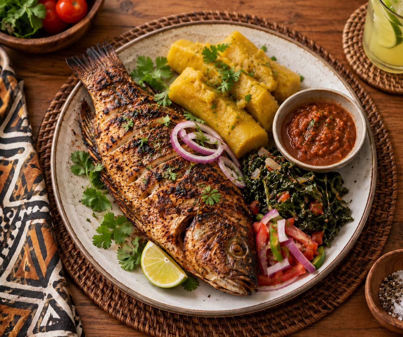 Grilled fish with plantain, greens, and salsa